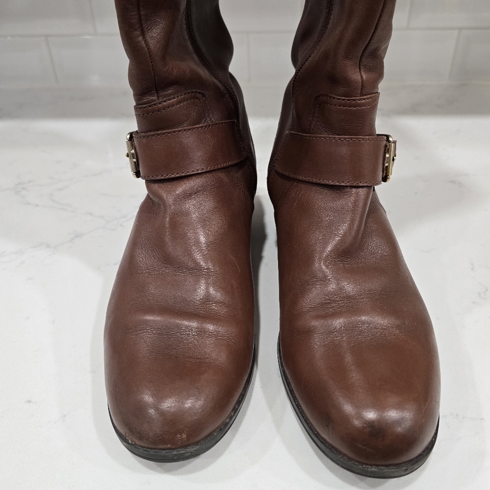 Bandolino Coppa Brown Leather Side Zip Knee Harness Riding Boots Women's Size 8M - Picture 3 of 16